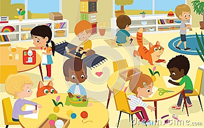 Children in the playroom, boys and girls involved in Montessori activities - sew, make a collage, Vector Illustration