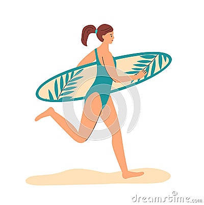 Female pretty surfer runs along beach with surf board. Girl at sea resort on seasible sport vocation. Vector Illustration
