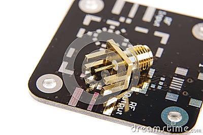 Female edge-launch SMA connector for RF signals Stock Photo