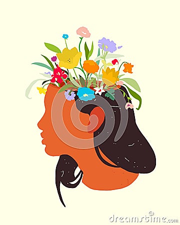 Female profile with blossom flowers in the head Vector Illustration