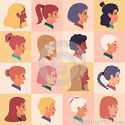 Female profile faces. Women portraits, various nationality, brunette, blonde, redhead female characters. Girls avatars Vector Illustration