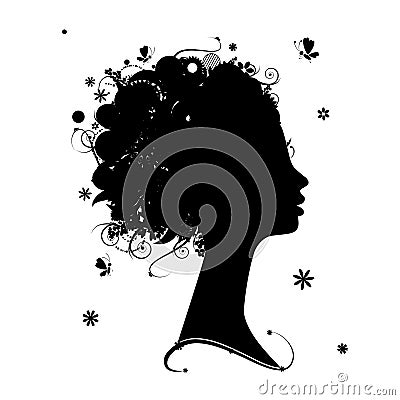 Female profile silhouette, floral hairstyle Vector Illustration