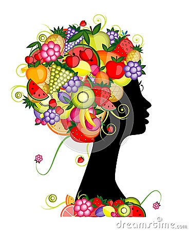 Female profile silhouette, hairstyle with fruits Vector Illustration