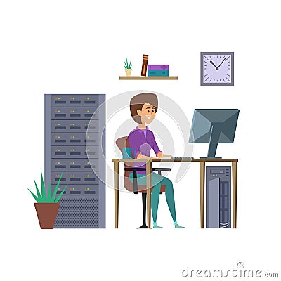 Female programmer vector. IT developer character with computer illustration Vector Illustration