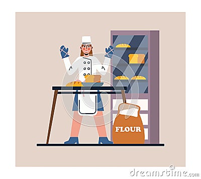 Female in protective gloves standing near table with bread Vector Illustration