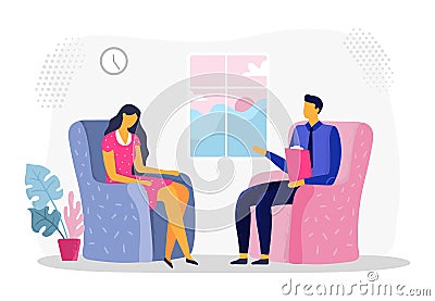 Female psychotherapy session. Woman in depression, psychiatry and psychological therapy. Psychologist consultation Vector Illustration