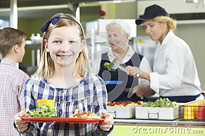 Female Pupil With Healthy Lunch In School Canteen Stock Photo