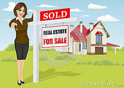 Female real estate agent standing next to sold for sale sign in front of classic cottage Vector Illustration