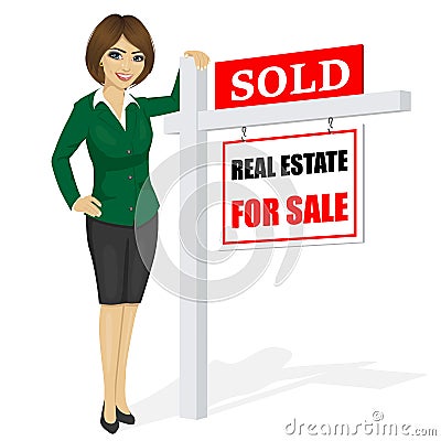 Female real estate agent standing next to a sold for sale sign Vector Illustration