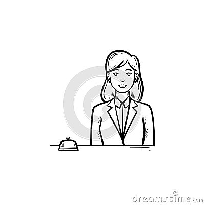 Female receptionist in a hotel with a reception bell hand drawn outline doodle icon. Vector Illustration