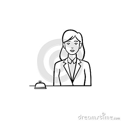 Female receptionist in a hotel with a reception bell hand drawn outline doodle icon. Vector Illustration