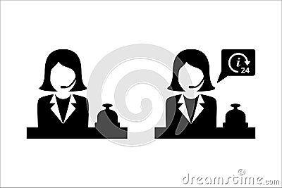 Female receptionist icon. Woman hotel customer service vector icons. Help and information call center sign. Front officer desk Cartoon Illustration