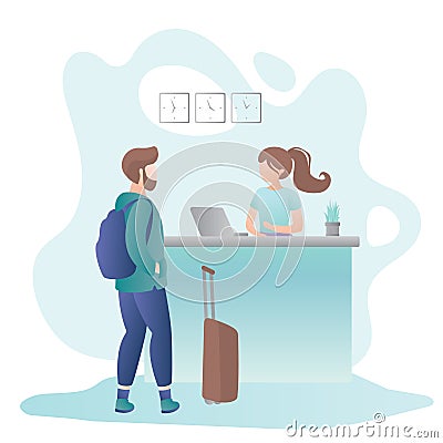 Female receptionist on Reception desk in hotel and male tourist with suitcase and backpack Vector Illustration
