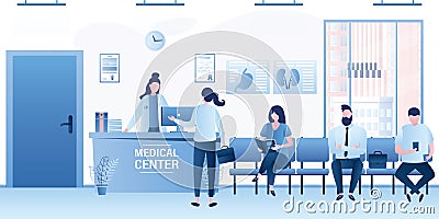 Female receptionist talking with woman, and patients sitting on chairs. Various clients in hospital Vector Illustration