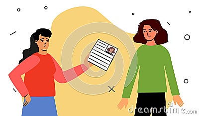 A female recruiter reviews a resume. Recruitment, interview Vector Illustration