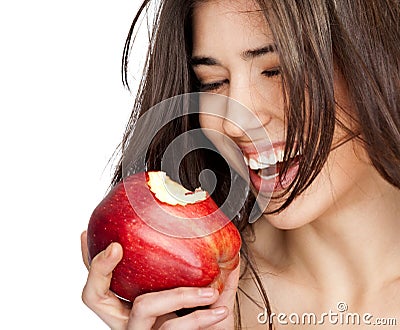 Female red bitten apple Stock Photo