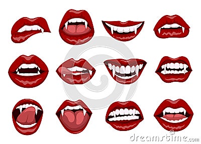 Female red vampire lips with bite fangs Vector Illustration