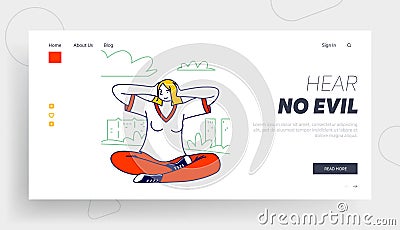 Female Refuse to Listen Landing Page Template. Human Emotional Balance or Body Language. Woman Sit Outdoors Cover Ears Vector Illustration