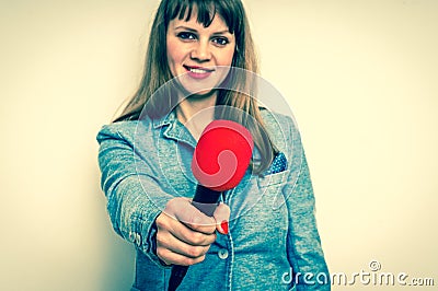 Female reporter with red microphone making interview Stock Photo