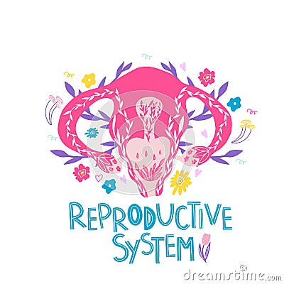 Female reproductive system with flowers. Female anatomy - uterus, ovaries, fallopian tubes. Vector Illustration