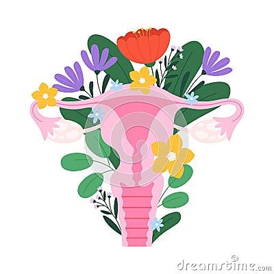 Female reproductive system, ovaries uterus, reproduction organs. Anatomy woman concept with flowers, fertility or Vector Illustration