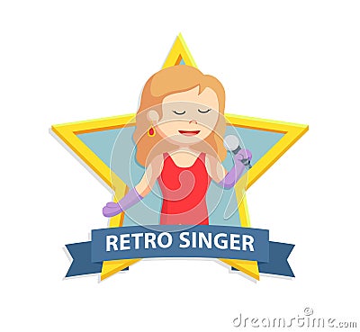 Female retro singer holding a microphone on emblem Vector Illustration
