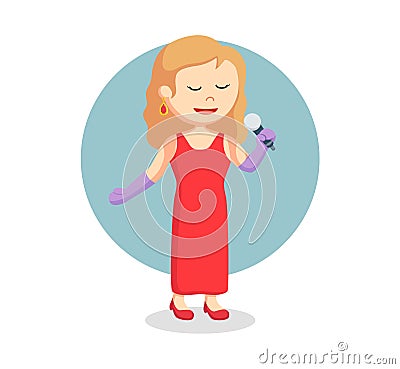 Female retro singer standing with microphone Vector Illustration