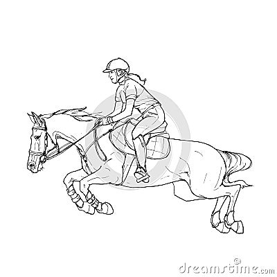 Female rider - jumping horse outline black and white Vector Illustration
