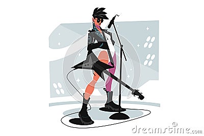 Female rock musician playing electric guitar Vector Illustration