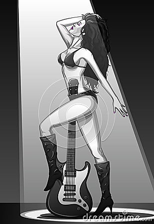 Female Rock Star with Guitar Vector Illustration
