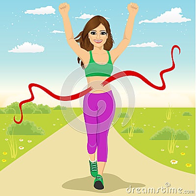 Female runner crossing red finish line outdoors Vector Illustration