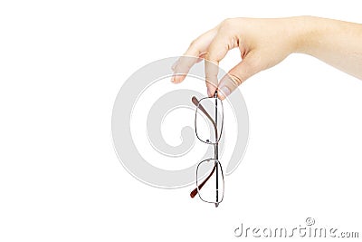 Female`s hand holding glasse on white background. Glasses in han Stock Photo