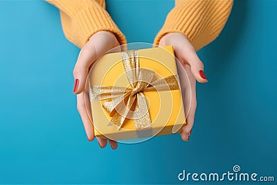 Female's hands in yellow and light blue, cyan tone, holding a gift box on yellow pastel background. Christmas and Valentine's Day Stock Photo