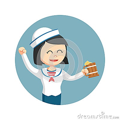 Female sailor standing with beer Cartoon Illustration