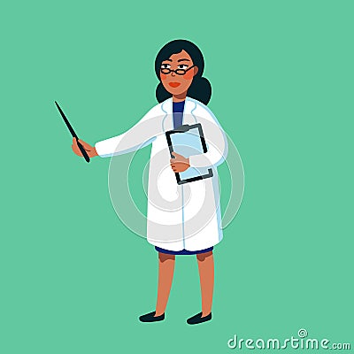 Female Scientist. Afro american woman in white medical gown holding pointer on green background. Genome sequencing Vector Illustration