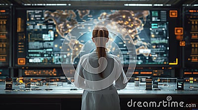 Female scientist analyzing global data on a high-tech digital interface in a futuristic laboratory. Global connectivity and data Stock Photo