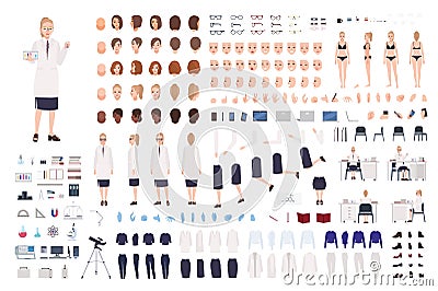 Female scientist constructor or scientific laboratory DIY kit. Collection of women body parts, facial expressions Vector Illustration