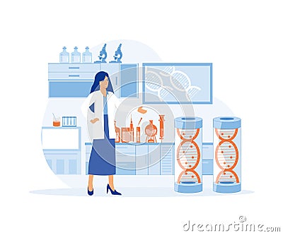 Female scientist. Holding Laboratory.Vaccine discovery concept. Vector Illustration