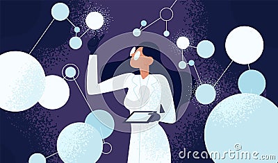 Female scientist in lab coat checking artificial neurons connected into neural network. Computational neuroscience Vector Illustration