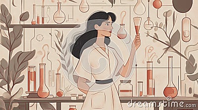 Curious Female Scientist with Vintage Charm Examining Red-Brown Solution, created using generative AI tools Stock Photo