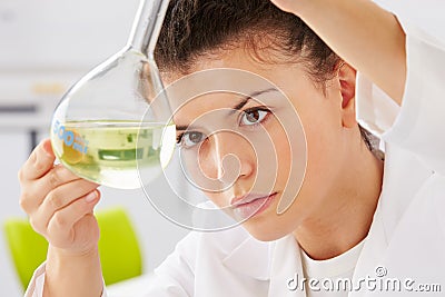 Female Scientist Studying Liquid In Flask Stock Photo