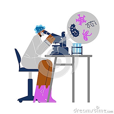 Female scientist virologist working with microscope, vector on white Vector Illustration
