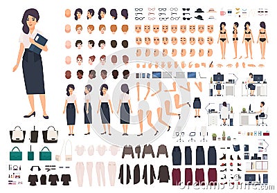 Female secretary or office assistant animation kit. Bundle of woman`s body parts, gestures, postures, clothes isolated Vector Illustration