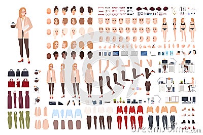 Female secretary or office assistant constructor or creation kit. Bundle of pretty cartoon character body parts, facial Vector Illustration