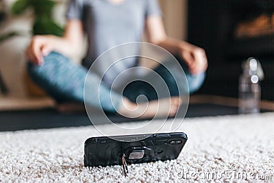 Female self training yoga and morning fitness exercise in living room Stock Photo