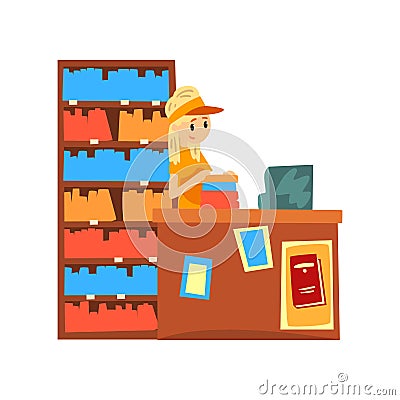 Female seller standing behind the counter of the bookstore cartoon vector Illustration on a white background Vector Illustration