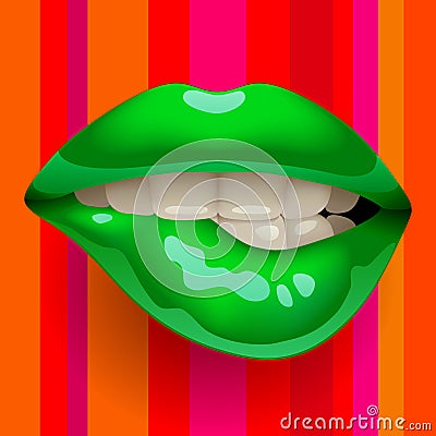 Female gloss green lips on red striped background Vector Illustration