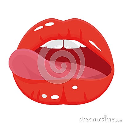 Female shiny red lips with tongue icon Vector Illustration