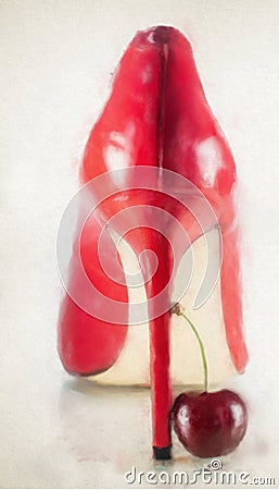 Female shiny red stilettos and cherry berry on a white background painted by watercolor Stock Photo