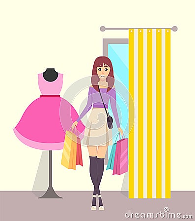 Female Shopaholic with Paper Bags in Store Vector Vector Illustration